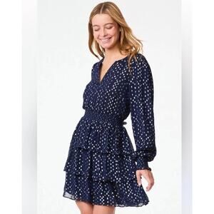 Roller Rabbit Navy Althea Lurex Smocked Mini Dress Shimmer Tiered Size Large